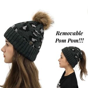 Gray Leopard Knit Ponytail Pom Pom Beanie
